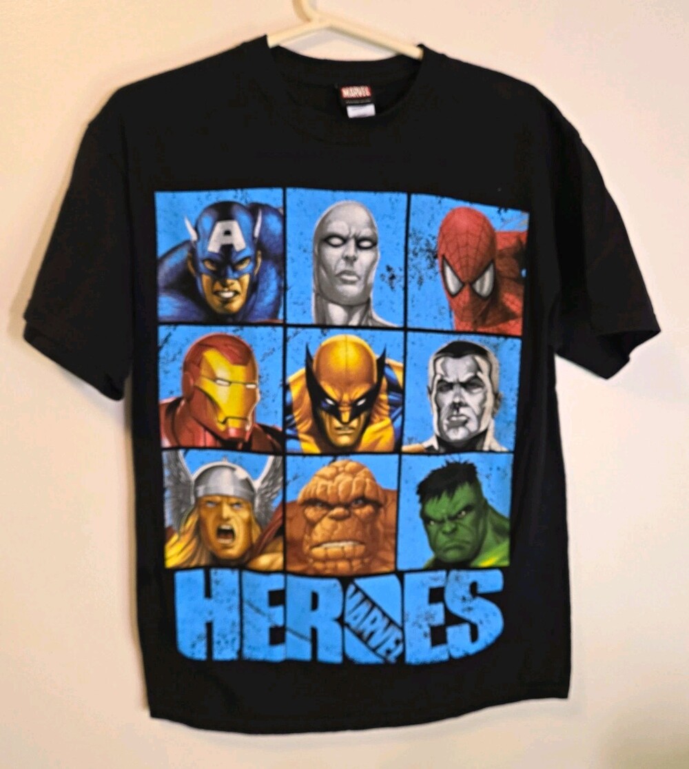 Marvel Heroes Mens M Black Graphic T Shirt Spider-Man Hulk Thor Wolverine Comics